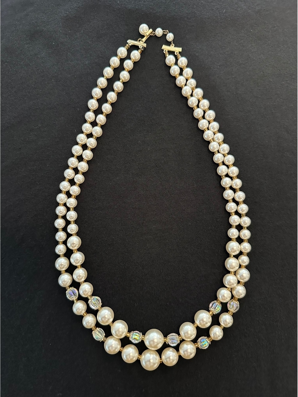 Vintage Japan Double Strand Faux Pearl Necklace Iridescent Beads Gold Tone